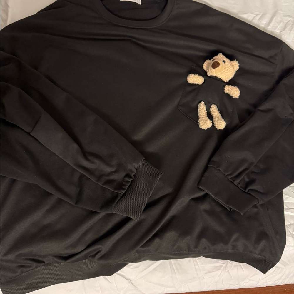 Black Sweatshirt with Teddy Bear Pocket